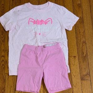 Pink Cat Graphic T-Shirt and Shorts Set